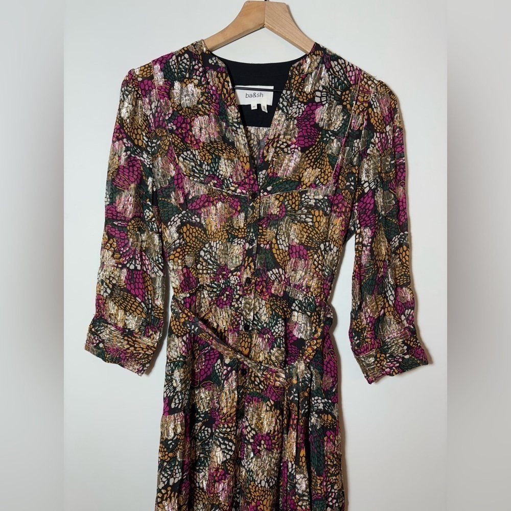 ba&sh Love Metallic Floral Print Midi Belted Dress $495 Sz XS - Picture 5 of 14